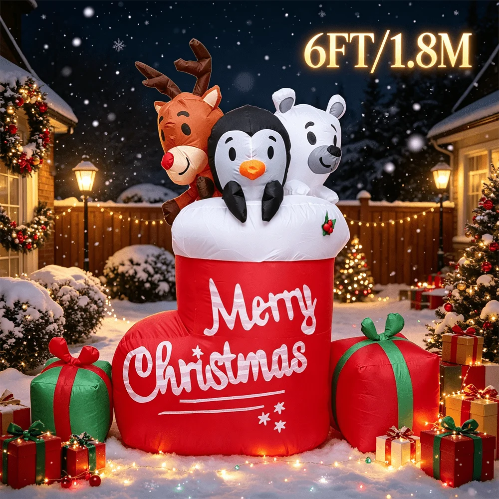 6FT/1.8M Inflatable Model Toy Christmas Stocking With Reindeer Penguin Polar Bear with LED Light Blow Up Outdoor Yard Decor