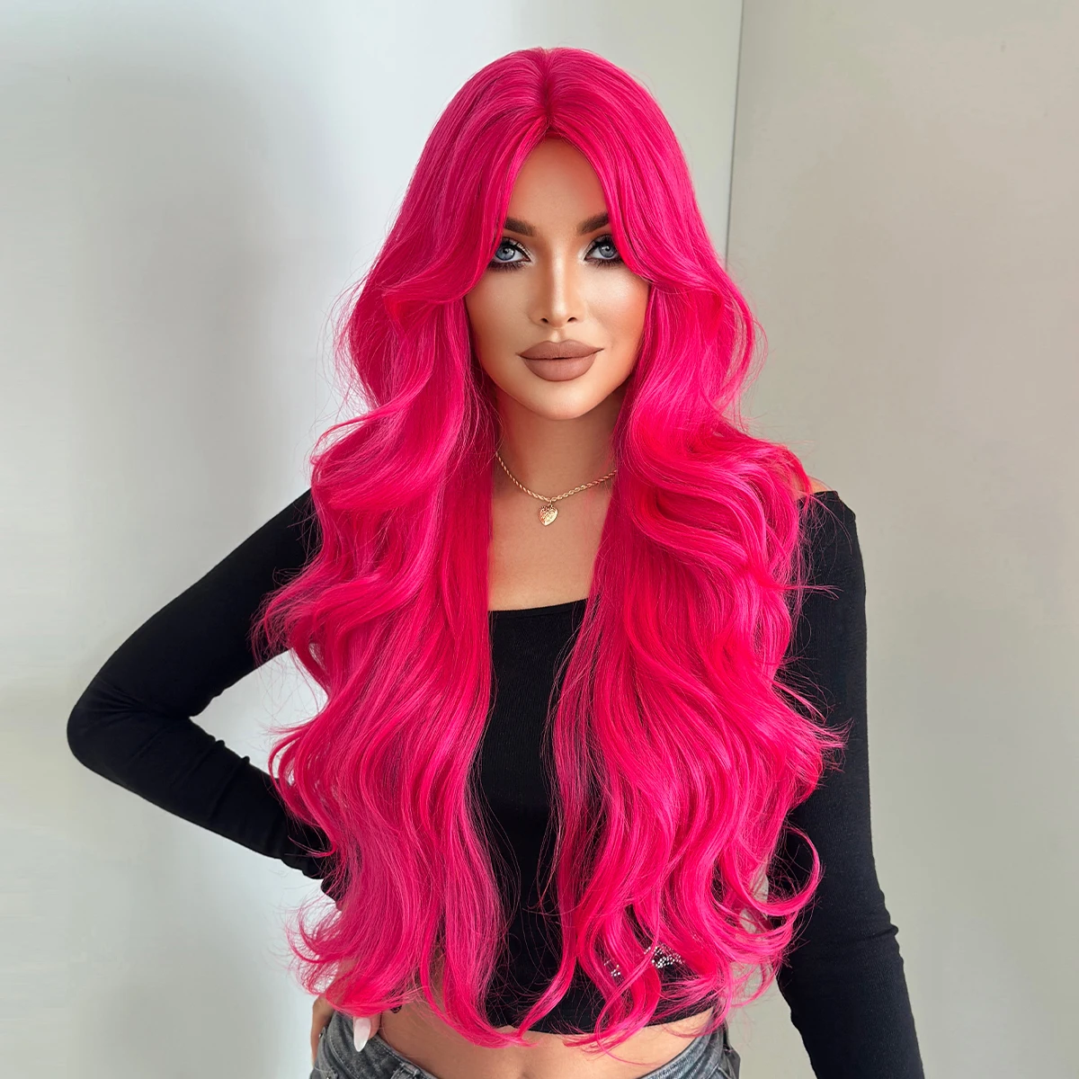 Long Body Wave Pink Wig for Women Synthetic Heat-Resistant Modest Fashion Middle Part Wear and Go Wigs with Curtain Bangs