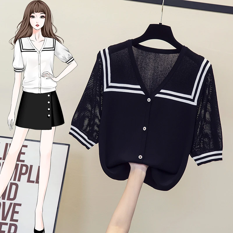 4XL Oversized Summer kintting hollow out T-shirt 2023 short sleeve v neck Stripe sexy thin sweater pullover sueters de mujer