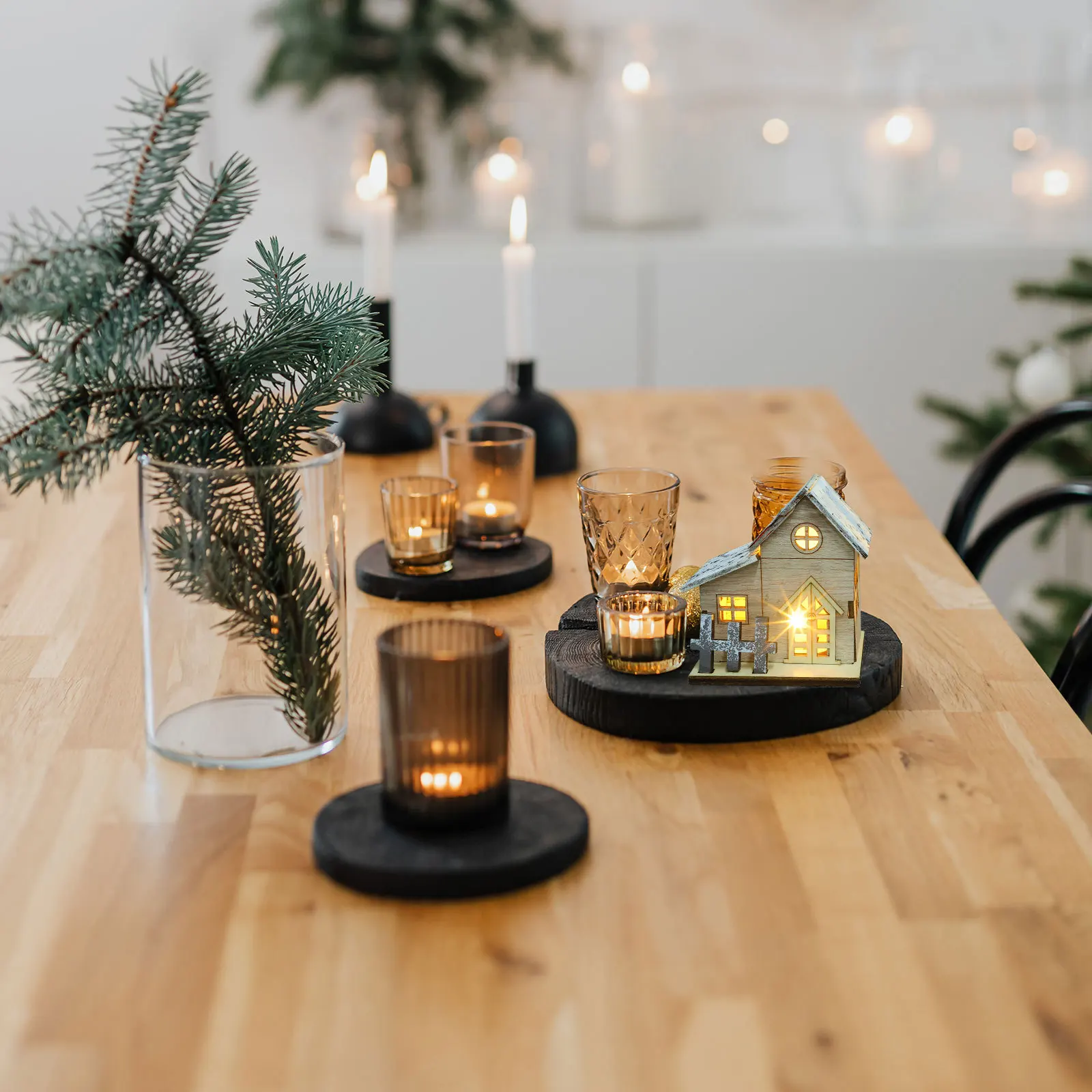 

2pcs Led Glowing Mini Wooden Cabin Christmas Decor Luminous House Craft For Desktop Home Office Xmas Party Mall Decoration