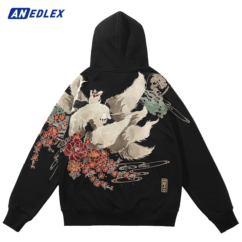 Hip Hop Streetwear Men Hoodie Sweatshirt Embroidery Flower Chinese Kanji Pullover Autumn Harajuku Cotton Hooded Hoodie Black