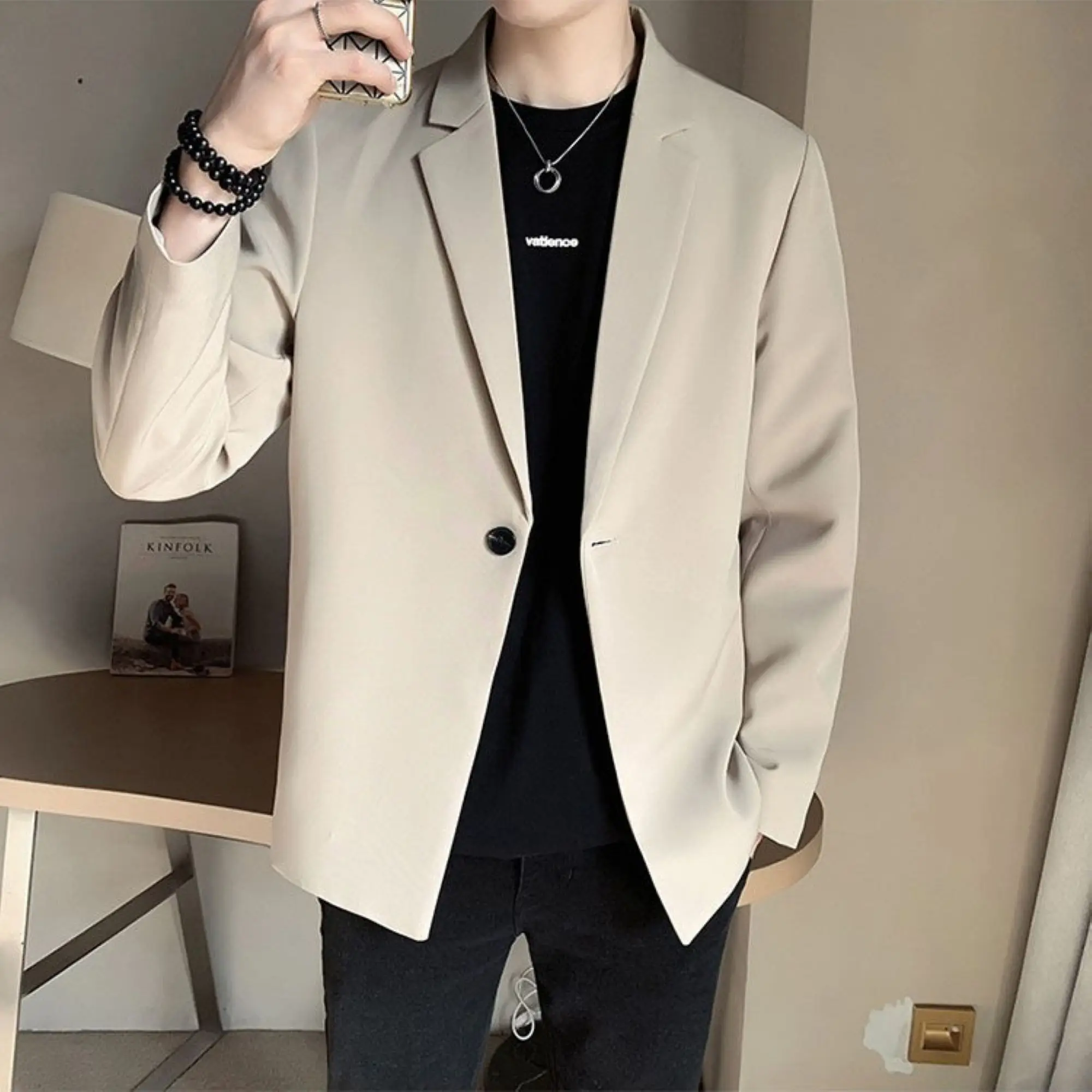 

Корейский однотонный блейзер в простом, элегантном стиле, высококачественный, модный, повседневный, свободного кроя, стройнящий, универсальный, для мужчин.