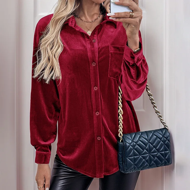 Damesoverhemd Fluwelen overhemd Revers 2024 Herfst Winter Nieuwe knop Lange mouw Fluwelen vest Pocket Top Shirt