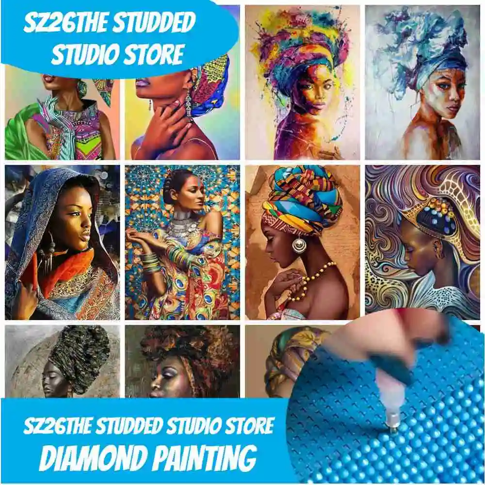 Sz26The-pintura de diamante artesanal con tachuelas para mujer, decoración africana para el hogar, bordado de diamantes, mosaico, retrato negro, pegatinas de pared