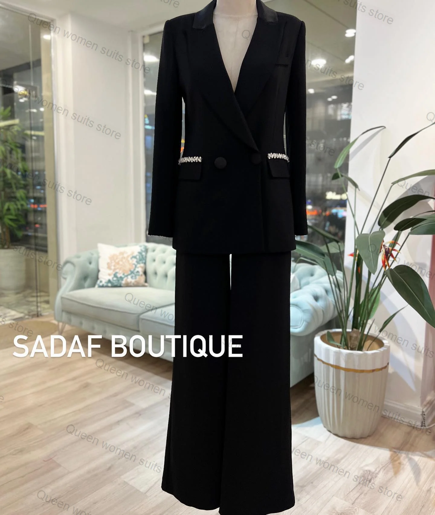 Conjunto de traje de 2 piezas para mujer, Blazer negro + Pantalones, esmoquin de boda con cristales, vestido Formal de oficina, chaqueta de graduación, abrigo hecho a medida