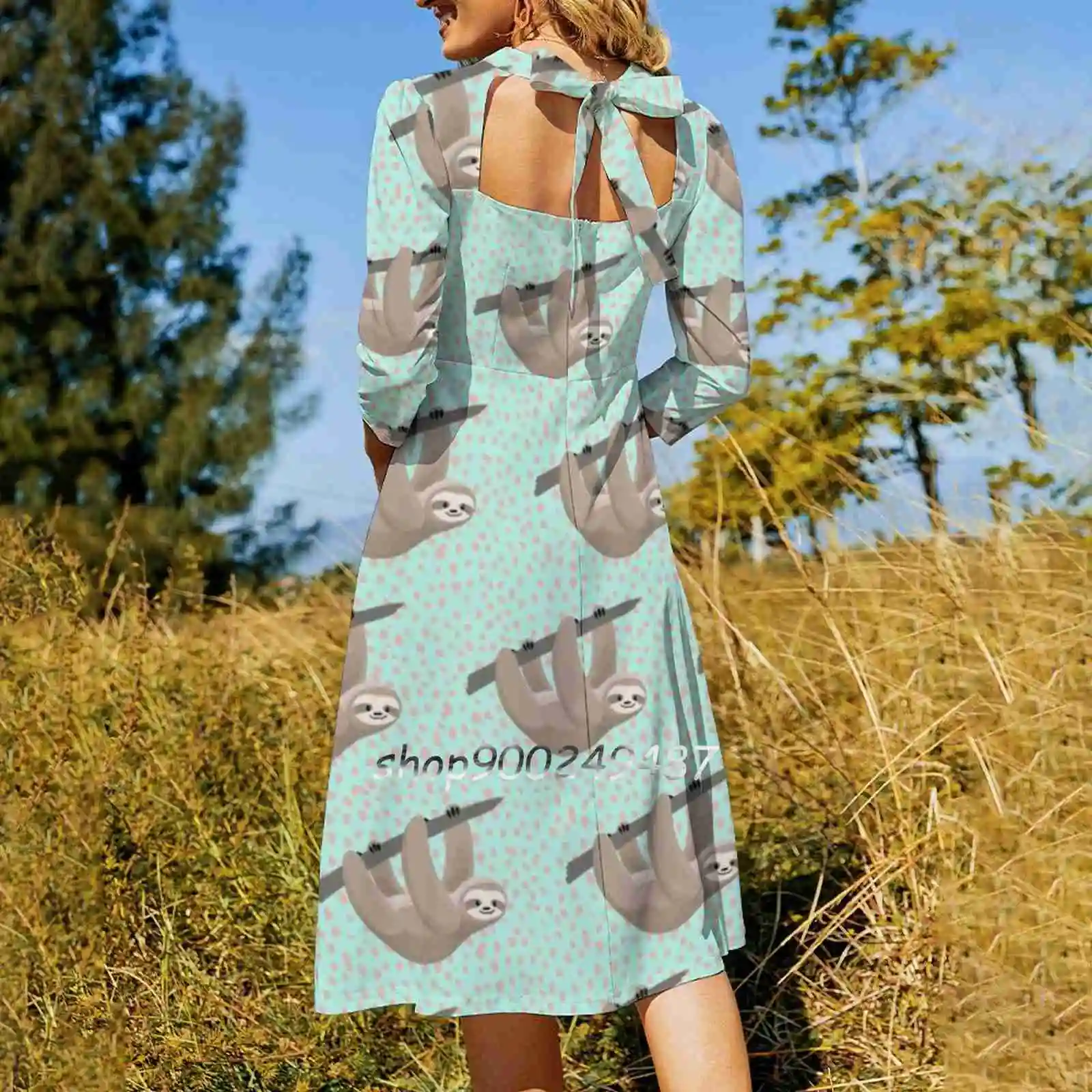 Cute Mint And Peach Sloth Dot Pattern Evening Party Dresses Midi Sexy Dress Female Sweet One Piece Dress Korean Cute Sloths