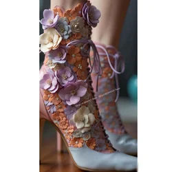 Mixed Color Lace Up Flower Lace BootsThin High Heel Pointed Toe Fashion Sexy Cool Western Winter Woman Shoes Zapatilla Mujer