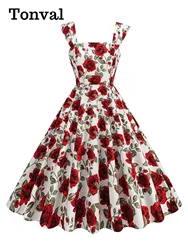 Tonval Square Neck Floral anni '50 Pinup abito donna in cotone 2024 senza maniche Vintage Party Wear abiti lunghi svasati