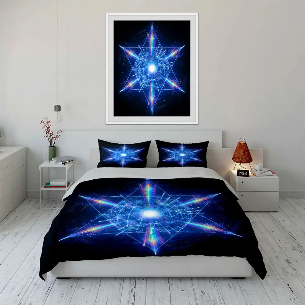 3Pcs Neon Geometric Bedding Set, Rainbow Light Star Pattern Print Duvet Cover + 2 Pillowcases, Techno Vibe home Decor