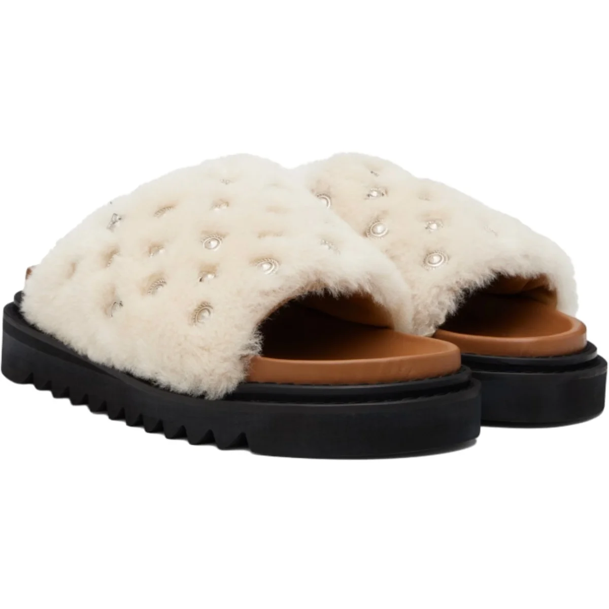 

Men's Cream Faux Fur Slides Studded Open Toe Slip On Slippers Chunky Platform Sole Cozy Stylish Casual Shoes for Spring Autumn