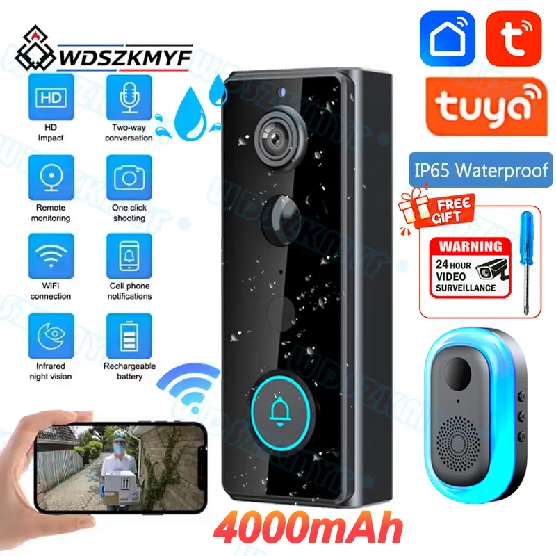 Tuya Wifi Waterproof Wireless Doorbell Camera 4000mAh 1080P HD PIR Motion Detection 2Way Audio Video Intercom for Home Entry