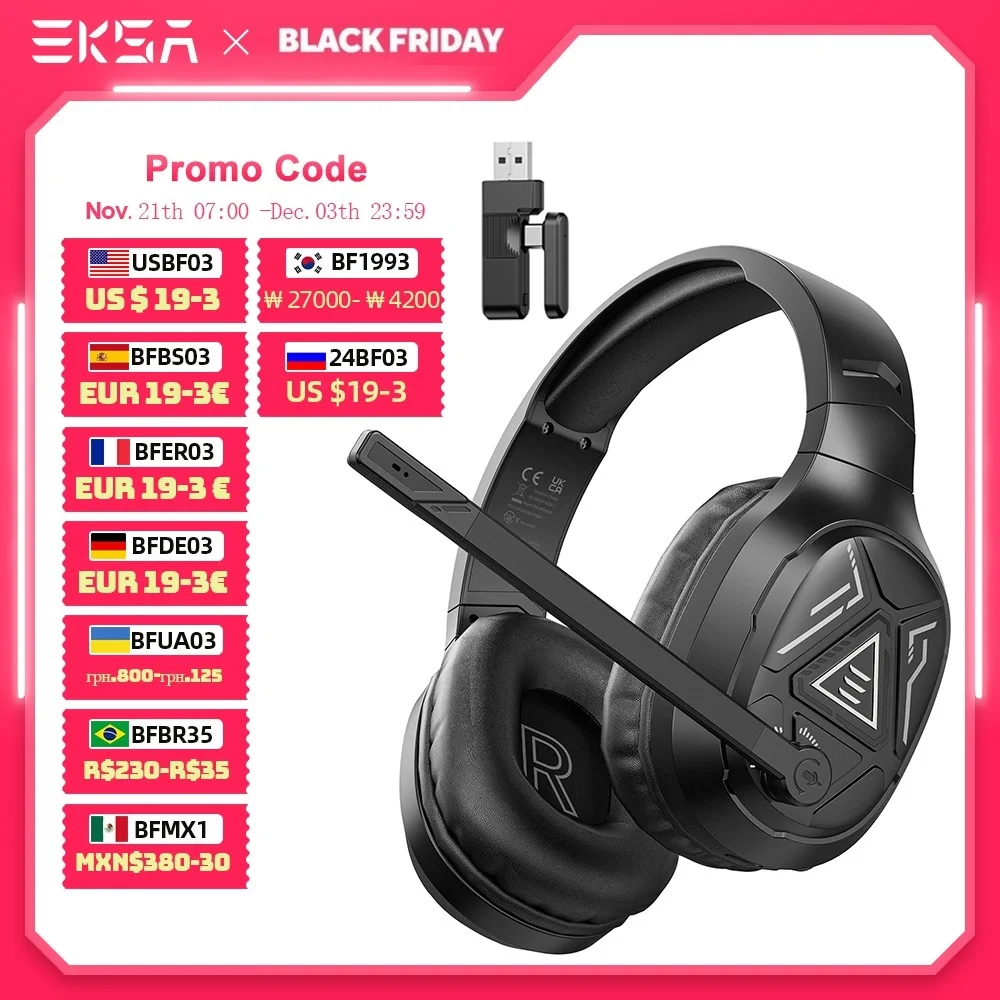 EKSA E5 BT 2.4G Wireless Gaming Headset Bluetooth Headphones 20ms Low Latency Wired Headsets ENC Mic For PC PS4 PS5 Phone Switch