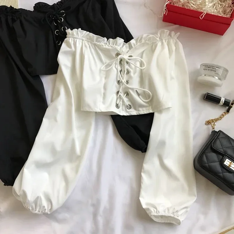 2024 Womens Off Shoulder Top Long Sleeve Ruffle Vintage Blouse with Puff Sleeves Lace Up Ladies Tops Bandage Crop Tops