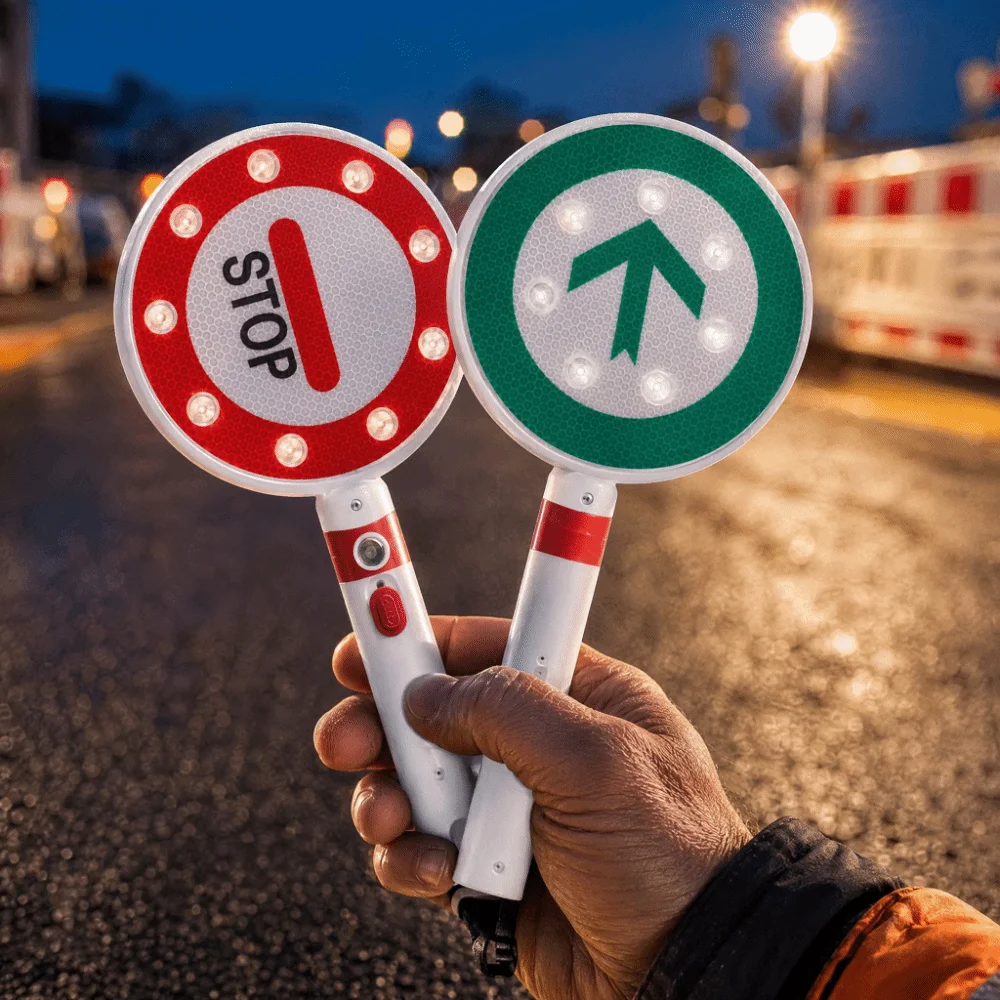 Traffic Control Sign Reversible Handheld Stop Sign Reflective Neon Traffic Sign Handheld Anti-shock Stop Go Sign Road Safety
