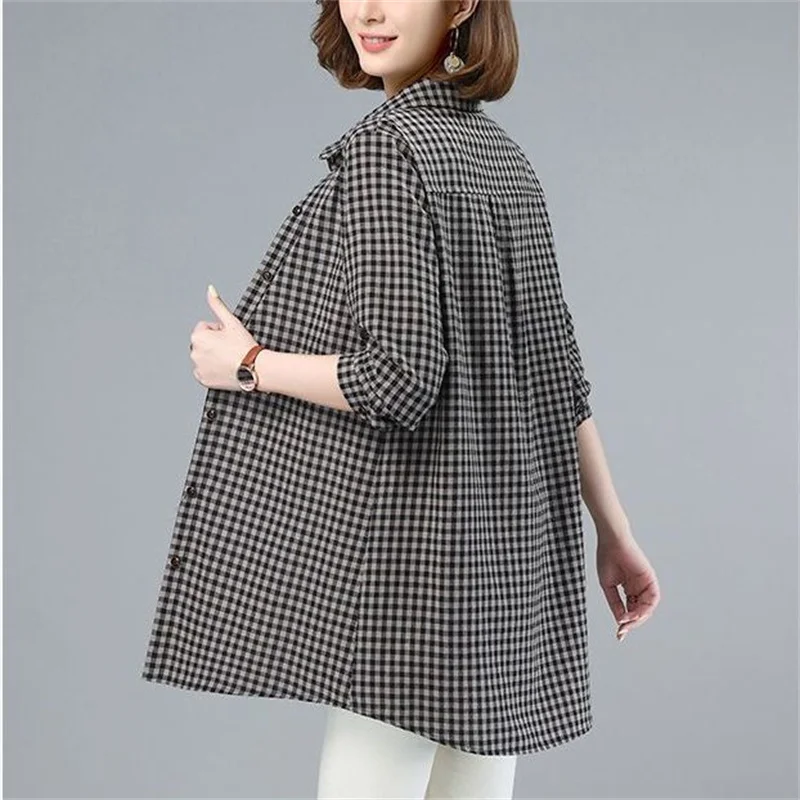 

2026 New Coat Korean Cotton Plaid Shirt Women's Spring Autumn Loose Mother's Jacket Fashion Bottoming Shirt Casual Female Top