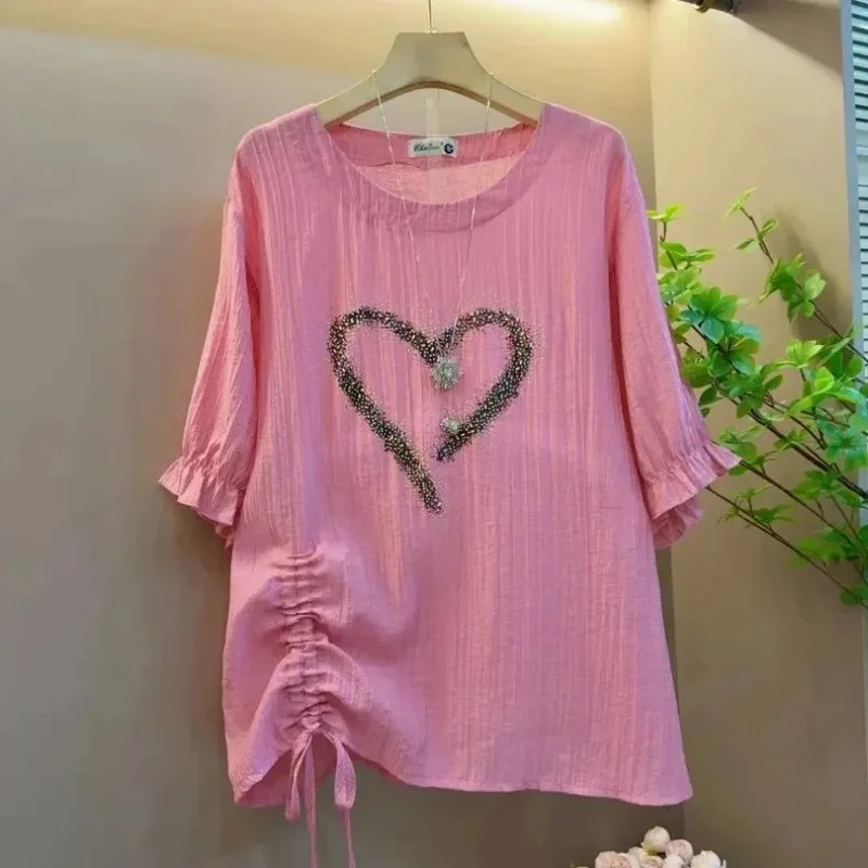 

Summer Women's Blouse Heart Rhinestone Crew Neck 3/4 Ruffle Sleeve Ruched Side Loose Fit Tops