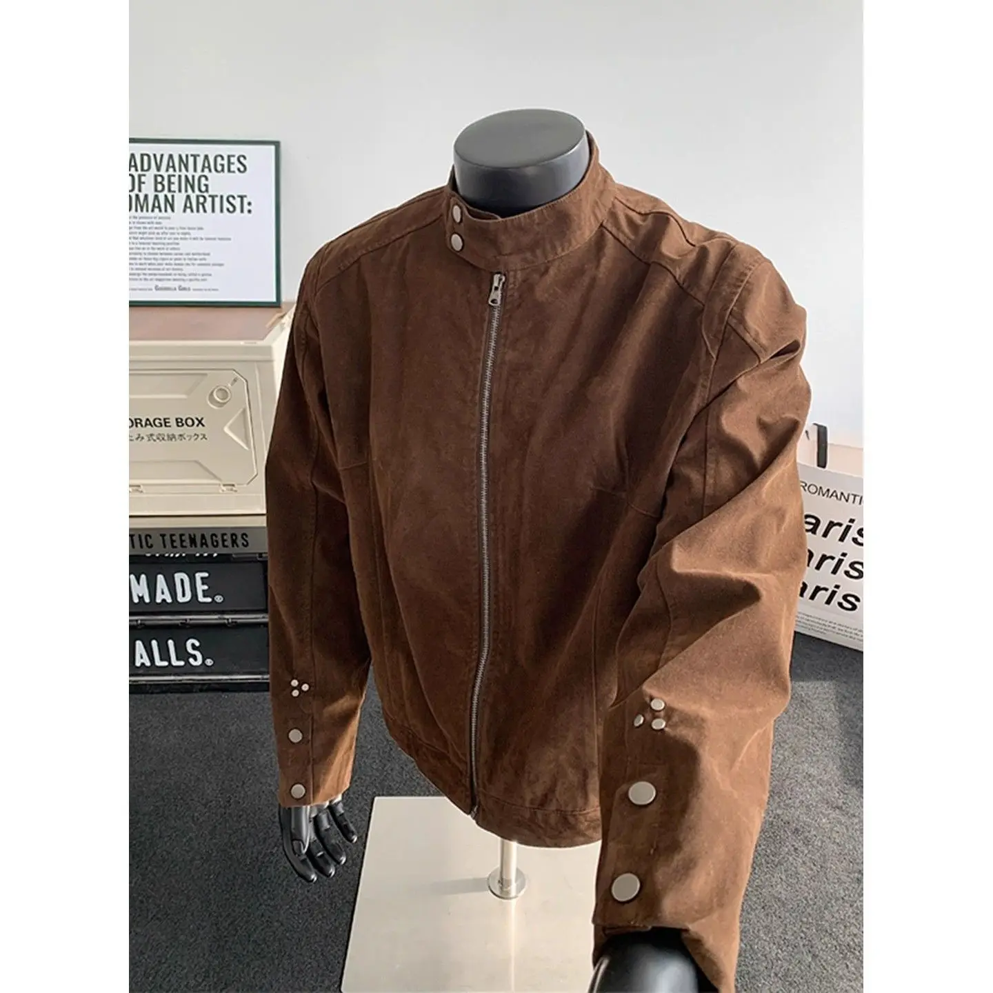 Right Shoulder Stand Collar Zipper Jacket New Style American Retro Street Style Handsome Maillard Wear Baseball Uniform for Men