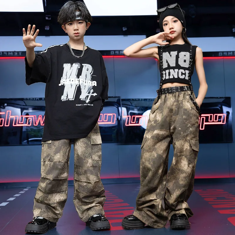 Ensemble de performance de danse Hip Hop pour enfants, haut serré, bouton court, jazz, filles, camsalomon fjfor Boys