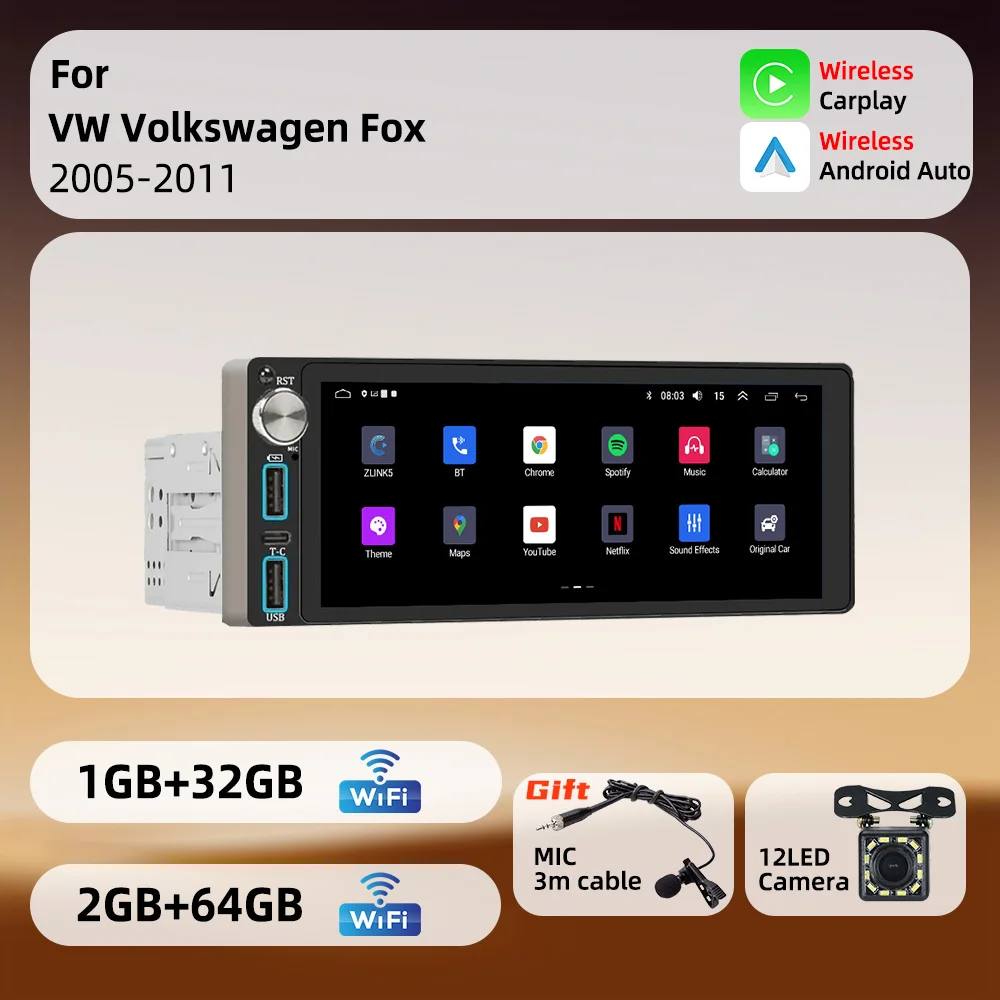 1 Din Android Car Multimedia Radio CarPlay GPS WiFi for VW Volkswagen Fox 2005-2011 6.86