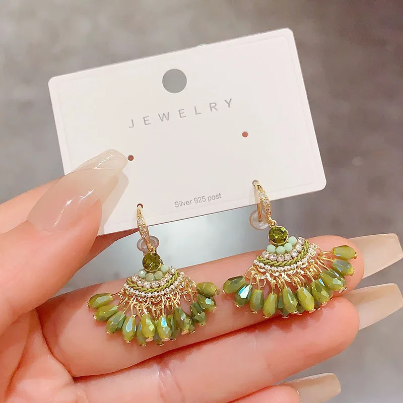 Vintage Fan-Shaped Crystal Tassel Earrings Bohemian Handmade Ethnic Drop Earrings For Woman Jewelry