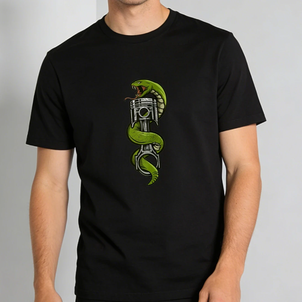 Snake And Piston Motorcycle Automotive Mens T-Shirt Mechanical Reptile Auto Modifier Graphic Tees Unisex Cotton Casual T-Shirt