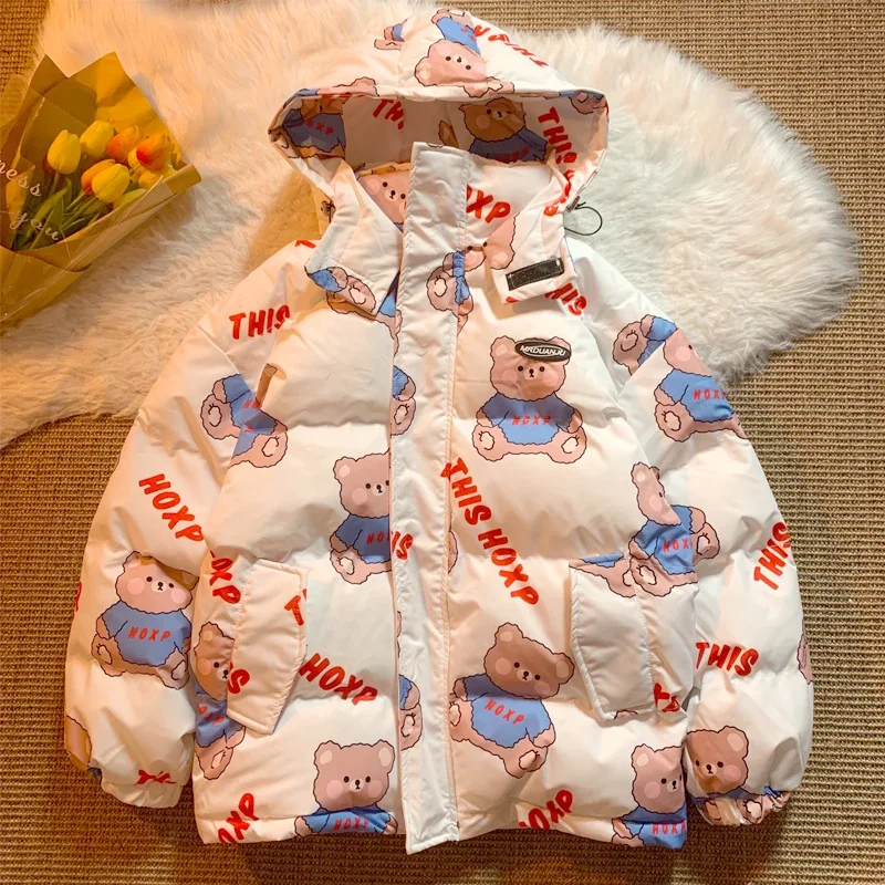 2024 Winter Down Cotton Jacket Women Cartoon Printing Zipper Loose Padded Coat Female Solid Thickening Warm Puffer Parkas Jacket