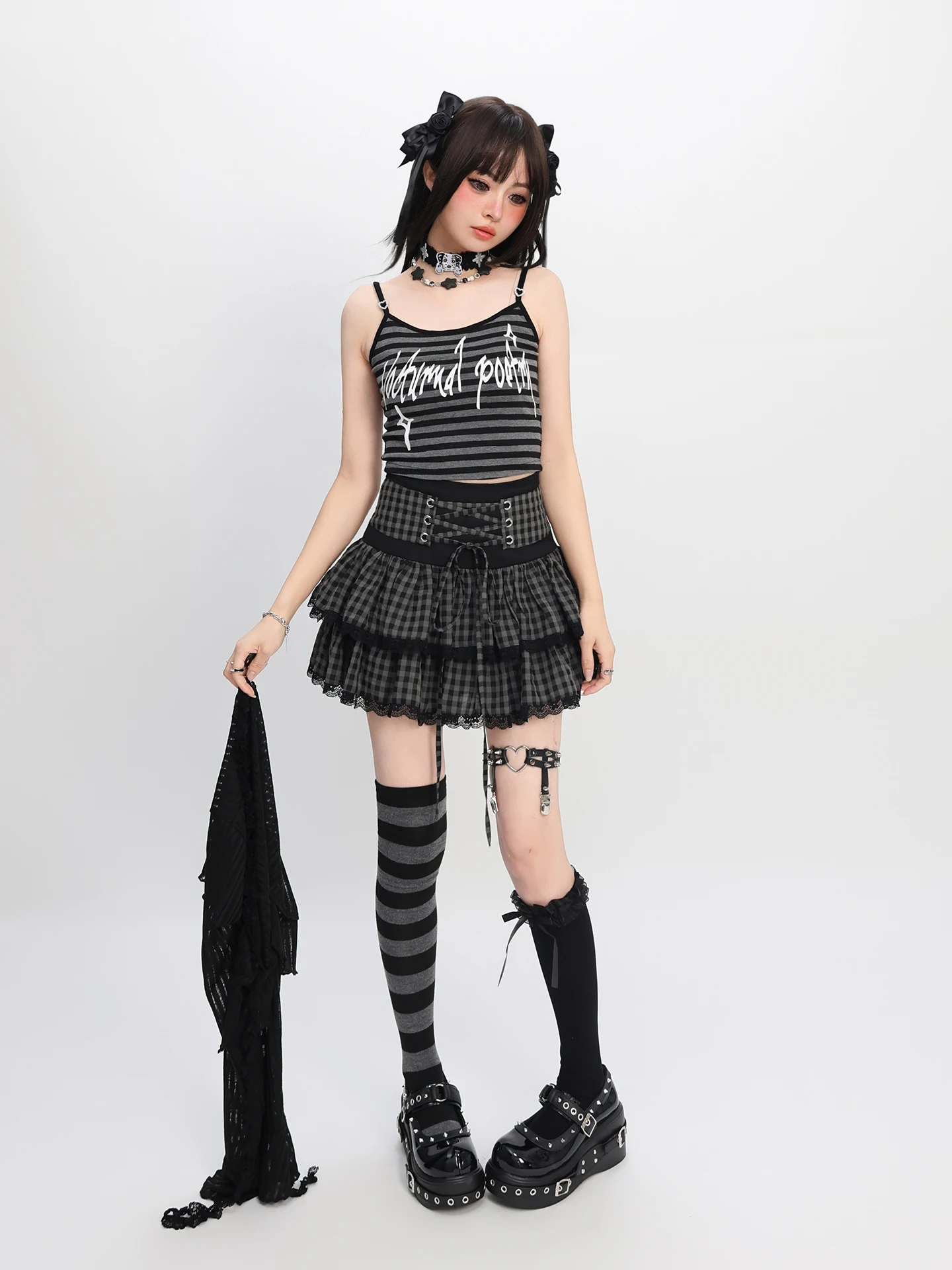 Mode Süße Kühle Subkultur Mädchen Y2k Top Lange ärmeln Shirts Hohe Taille Spitze-up Bogen Vielseitig Plaid Mini röcke Frauen Sommer