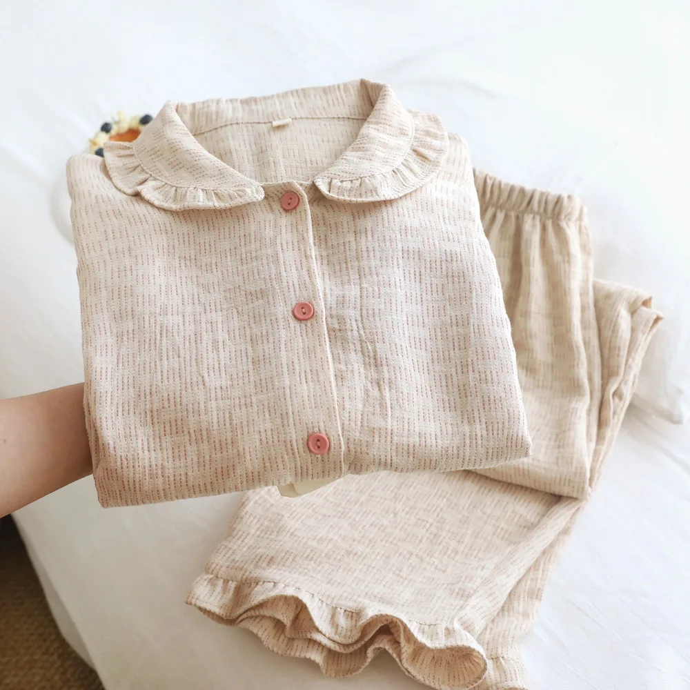 New Autumn Sleepwear Women's Pajamas Long Sleeve Pyjama Set Pure Cotton Lapel Top with Elastic Pants Nightwear 2 Piece Nighty