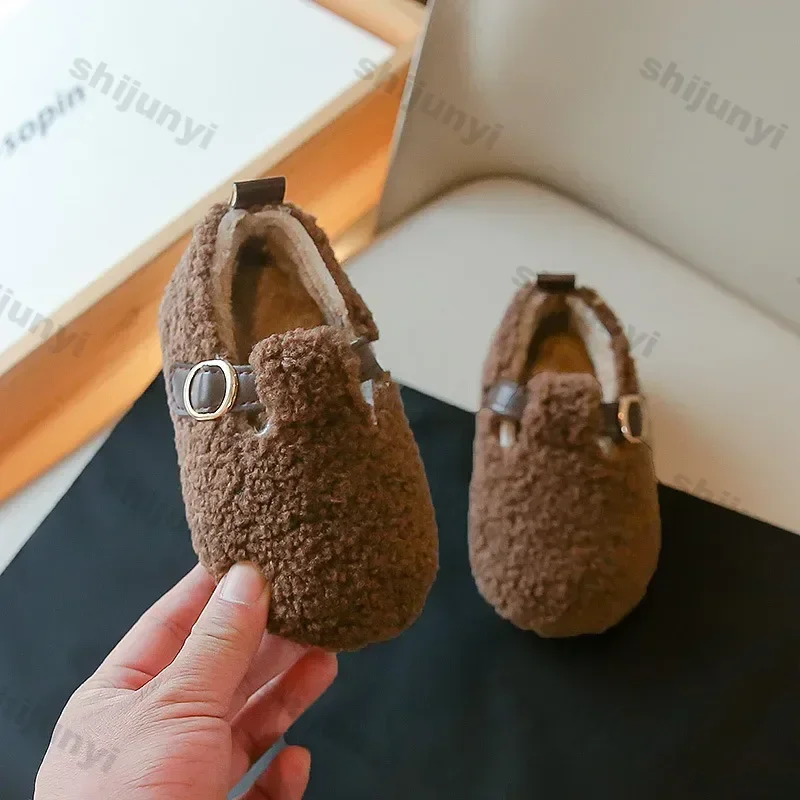 Kids Warm Cotton Shoes Winter New Boys Girls Flat Fur Cover Toe Light Warm Shoes Non Slip Leisure Comfy Soft Sole Plush Slippers