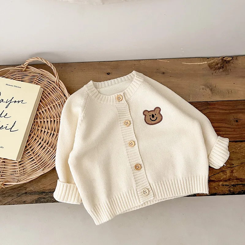 Cute Bear Autumn Baby Knitted Coats KoreanChildren\'s Knitted Cardigan Jacket Long Sleeved Baby Top Baby Sweater Outdoor Wear