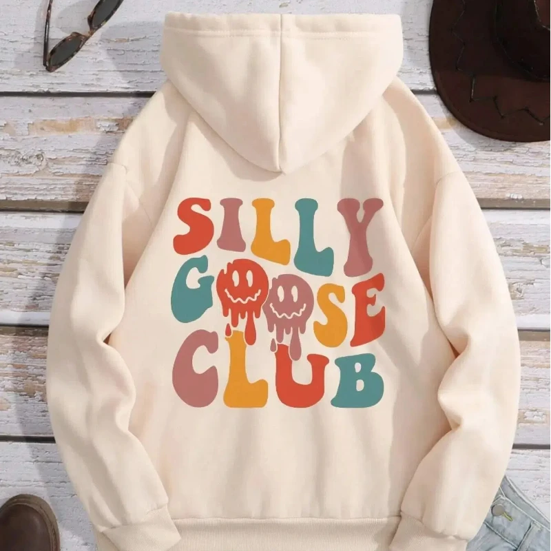 Felpa con cappuccio grafica Silly Goose Club con lettera Felpa girocollo vintage femminile Autunno oversize con cappuccio Comodo streetwear da donna