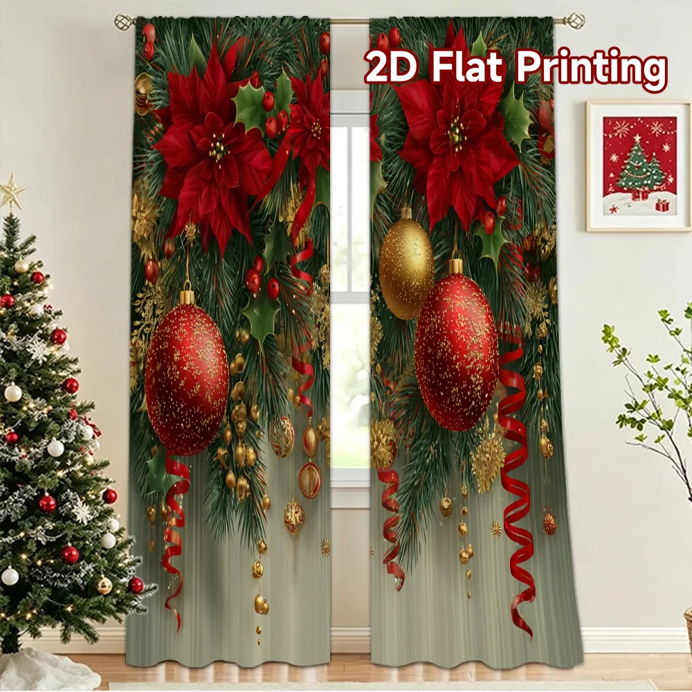 2D flat 2pcs Curtain Modern Minimalist Style Christmas Poinsettia Garland Digitally printed polyester, colorfast Holiday