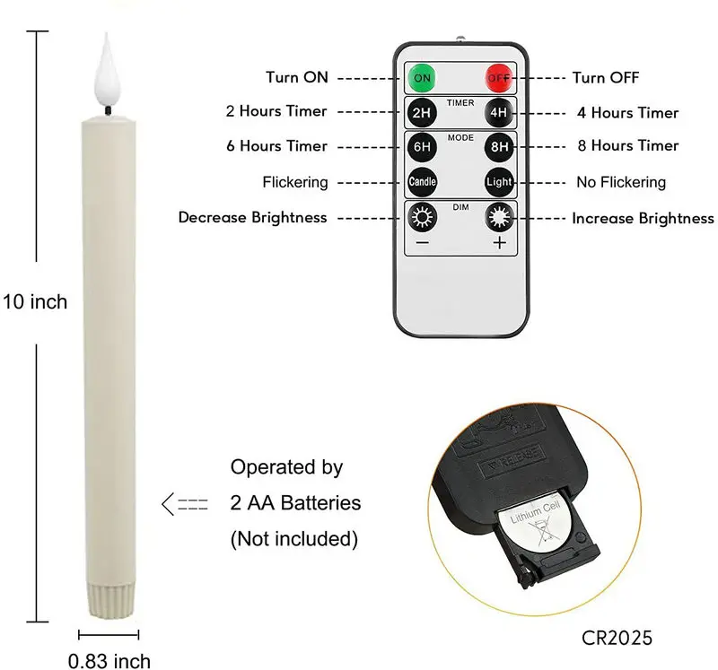 깜박이는 3D 불꽃 아이보리 테이퍼 양초, LED 불꽃 없는 창문 양초, 배터리 전원, 원격 제어 및 타이머 포함, 디너 파티 웨딩