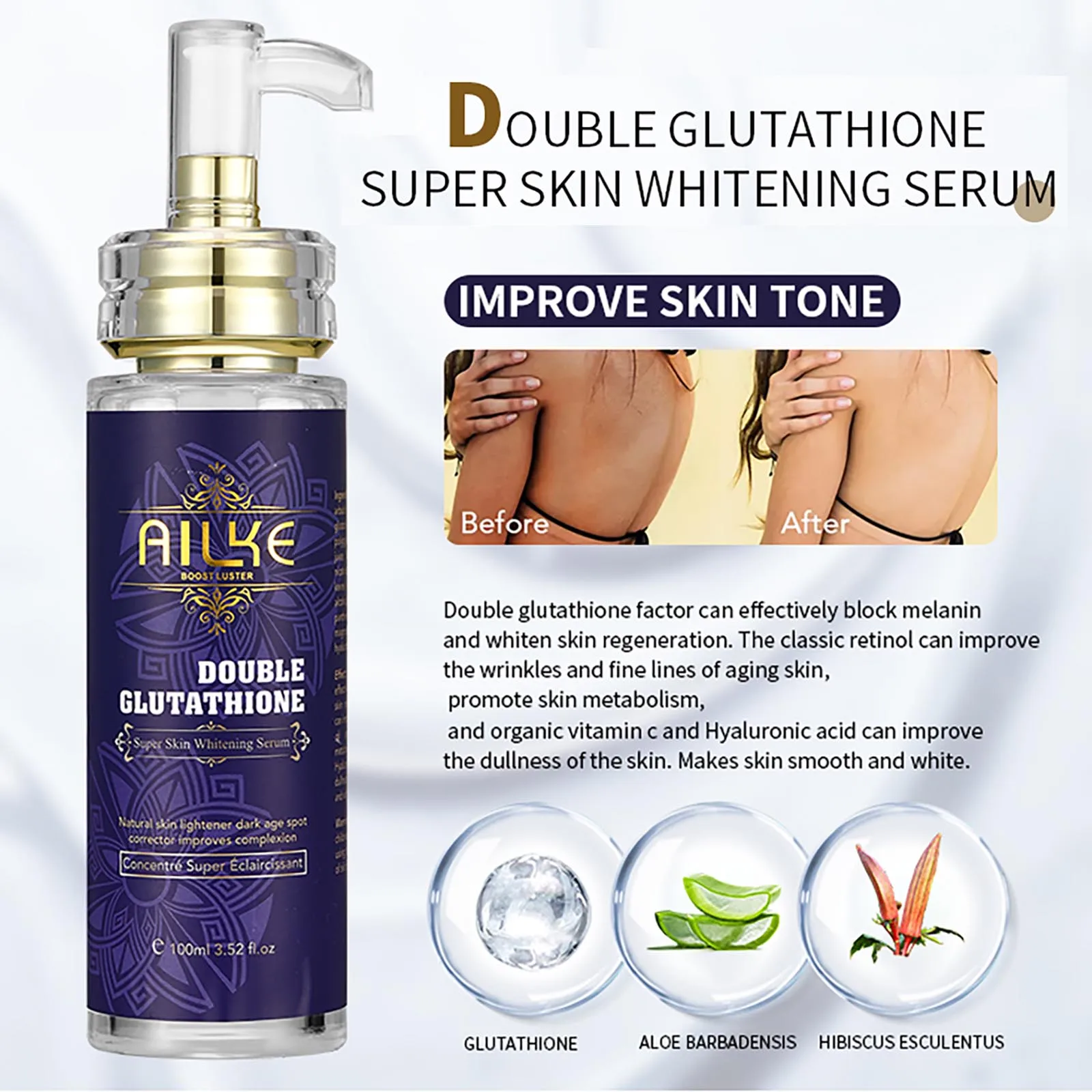 AILKE-Whitening Skin Glowing Serum, Tratamento De Rugas, Remoção De Sardas, Mancha Escura Remover, com glutationa, Vitamina A,C,E, 100ml