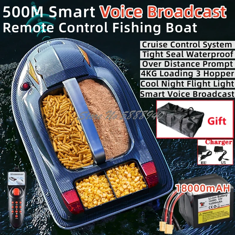 Smart Voice Broadcast RC Bait Boat 500M 4KG Load 3 Hopper Waterproof Over Distance Prompt LED Light Remote Control Fishing Boat