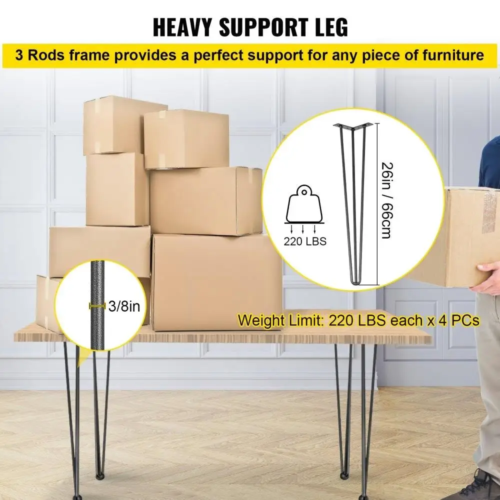 Heavy Duty Hairpin Table Legs Set of 4 26 Black 880lbs Total Load Capacity 220lbs Each Carbon Steel DIY Furniture Legs 3 Rod