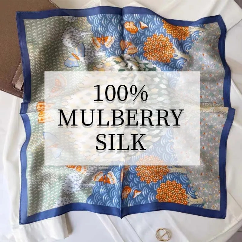 

100% Mulberry Silk Square Scarf 53*53cm Butterfly Tree Print Satin Bandana For Women Daily Wear