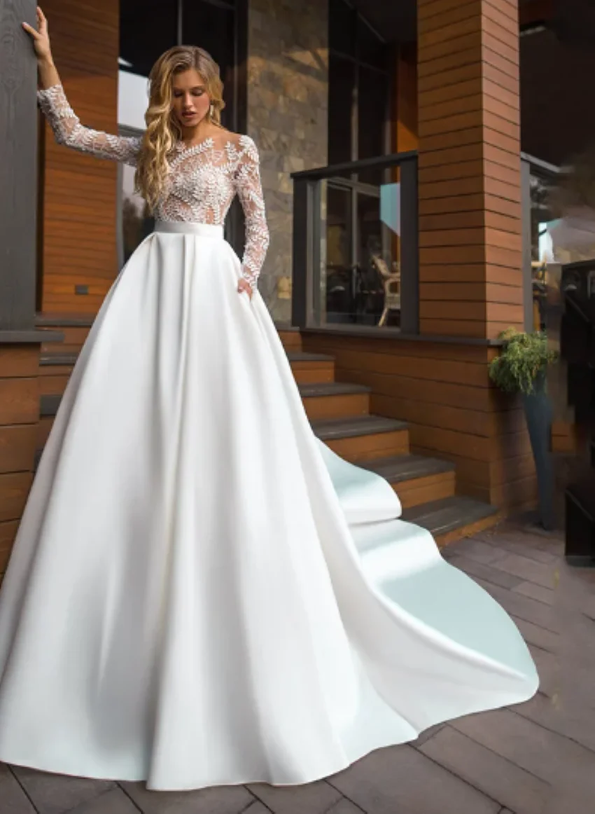 Othray Simple Wedding Gowns Women Ivory Modern Fashion Bride Dress A Line Wedding Dress With Pockets Lace Full Sleeves Satin