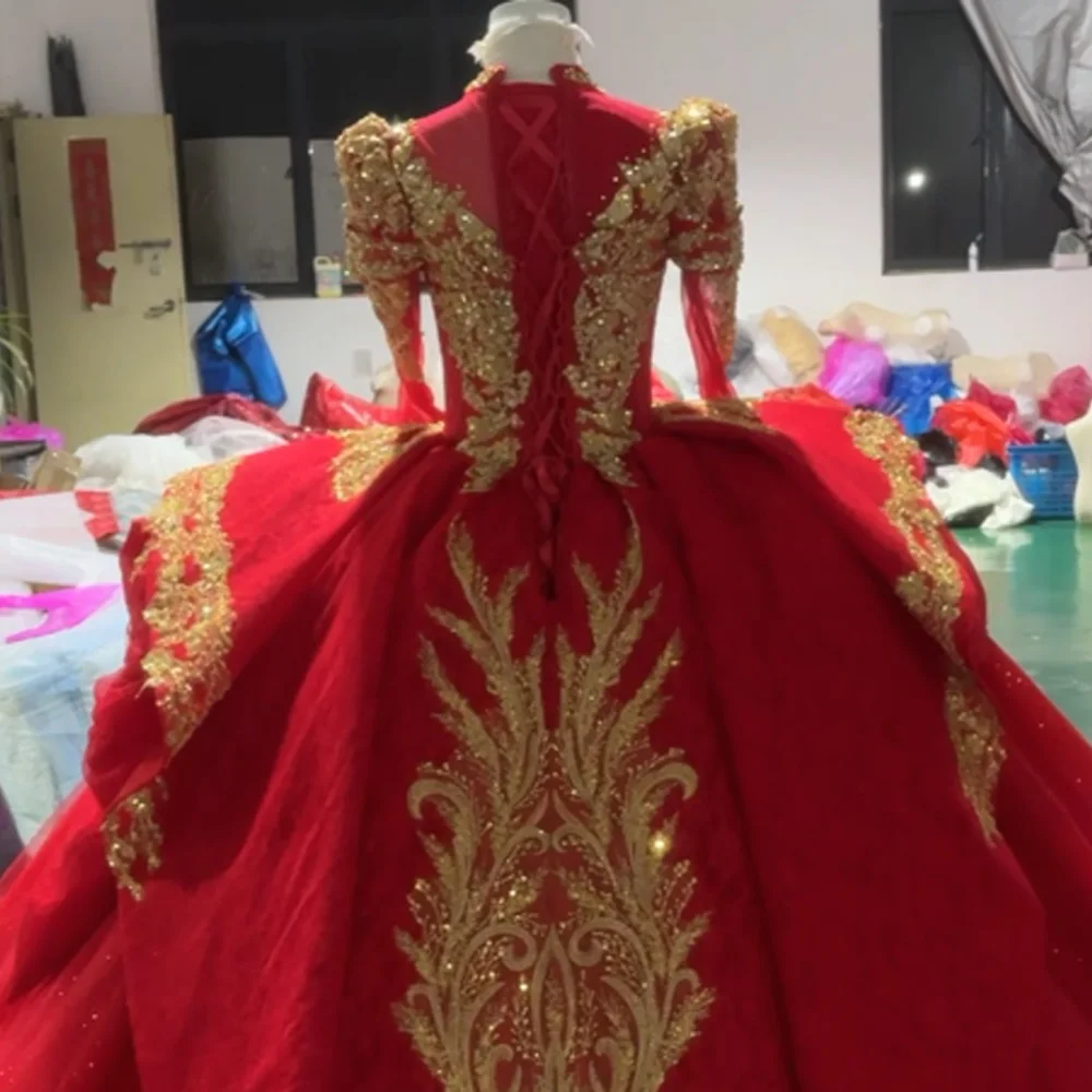 Red Evening Dress With Long Sleeves Crystal Embroidery Sequined Lace-Up Back Customizable Turtle Robe For Soirée Femme