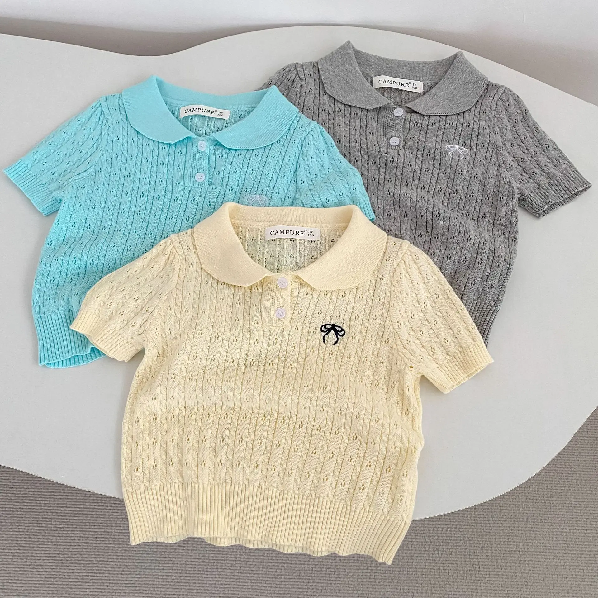 

2026 Summer New Children Short Sleeve Knitted T Shirts Girls Cute Bow Lapel Tops Fashion Toddler Thin Knitwear Kids Clothes