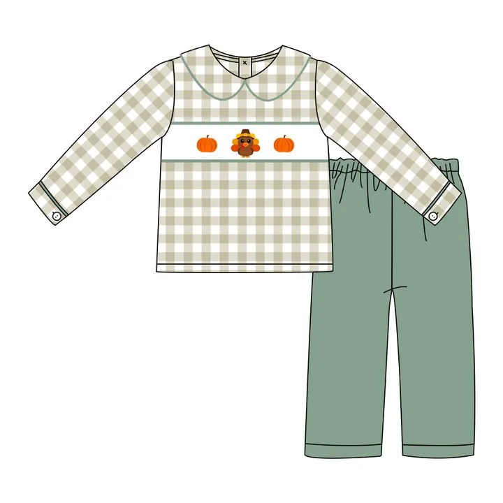 Baby Cotton Long Sleeve T-shirt Set Round Neck Turkey And Pumpkin Embroidery Boy Top Clothes And Green Suit Romper With Bow