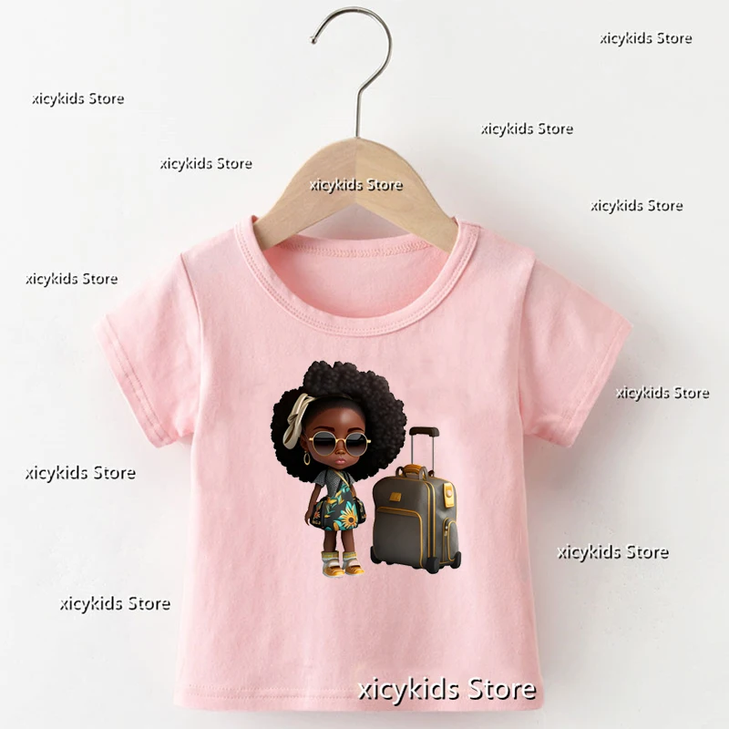 

Black Girls Tshirt Trip Girl With Suitcase Afro American Travel Girl Vacation Black Girls T-Shirt Cute Girls Pink Clothes