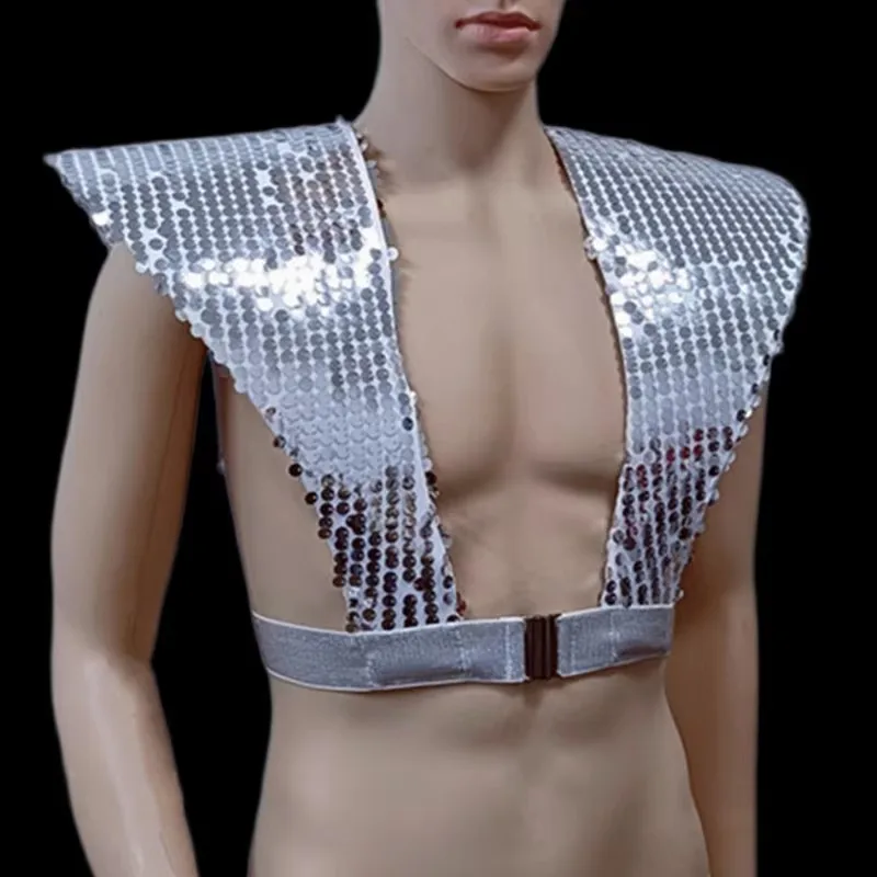 Unisex Silver Sequin Tassel Vest with Elastic Shoulder Pads Halloween Party Glitter Armor Cosplay Costume for Rave Stage Wear