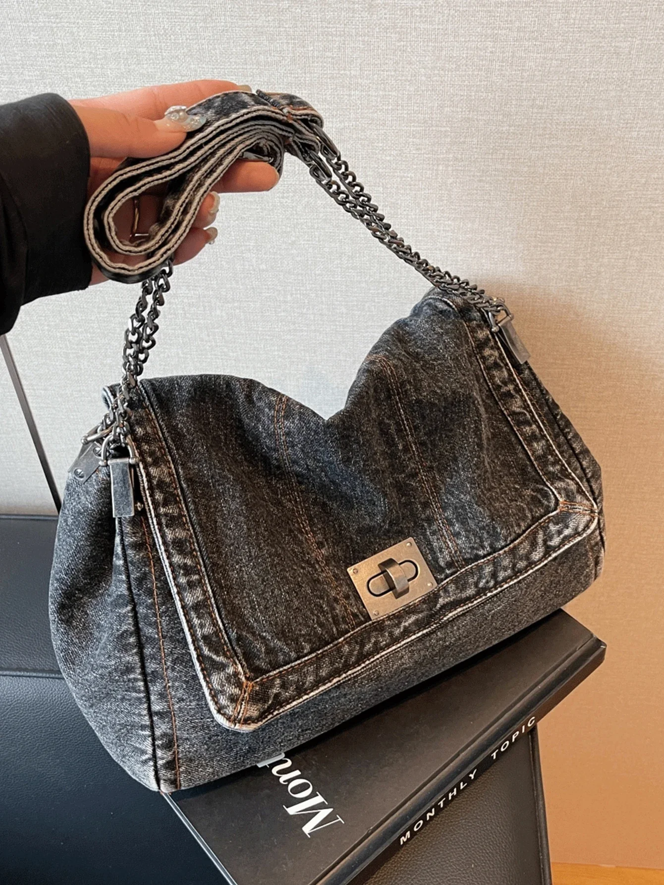Retro Casual Denim Damen Tasche Neue Senior Kette Umhängetasche Große Kapazität Pendler Einkaufstasche – Detail 8