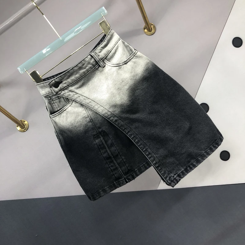 

Grey spliced denim skirt Women Spring New Fashion irregular High-waisted A line short skirt