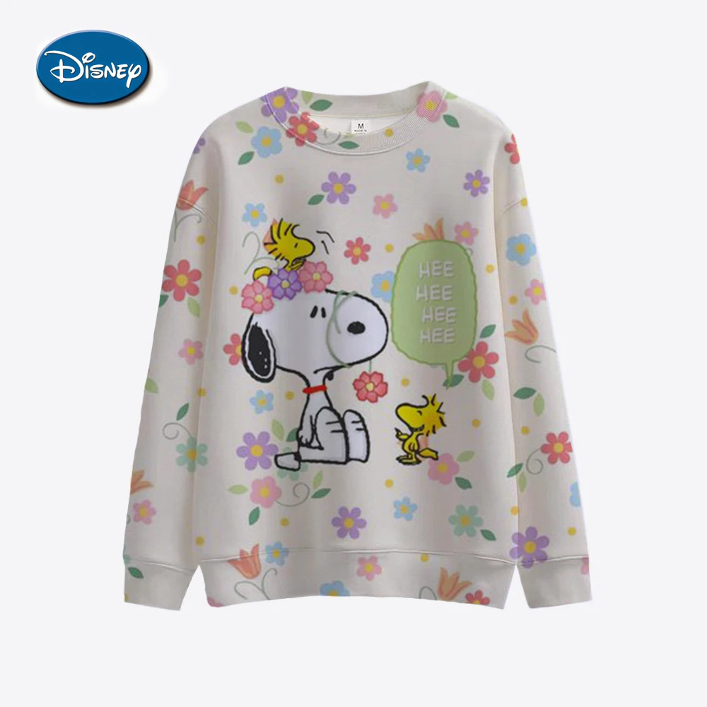 Snoopy Spring Cartoon Pink Printed Round Neck Sweater Women's Loose Cute Thin Casual Top Hoodie