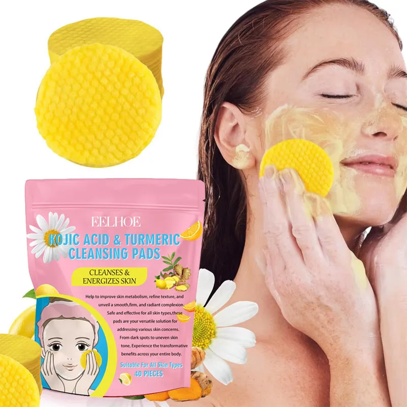 

40pcs Turmeric Kojic Acid Cleansing Pads Remove Acne Fade Spot Exfoliating Pads Facial For Cleansing Sponges Brighten Skin Care