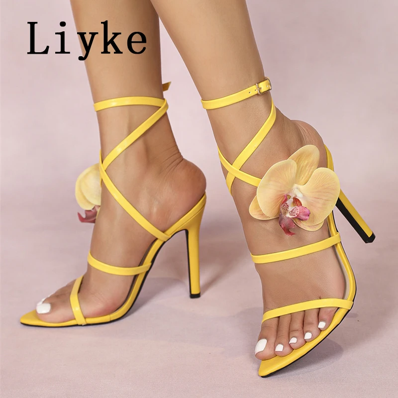 Liyke Fashion Design Flowers Narrow Band Women Ankle Buckle Strap Sandals Blue White Open Toe Thin High Heels Party Dress Shoes