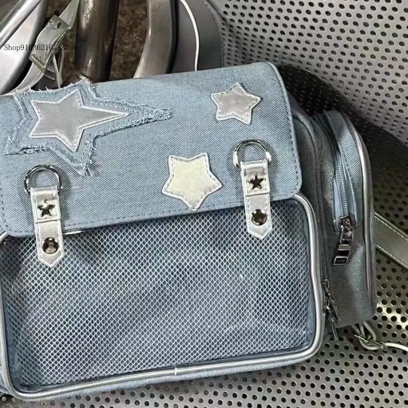 Pain Bag for College Student Teen Girl School Japanese Style Kawaii Denim Blue Star Itabag Y2K Cute Backpack
