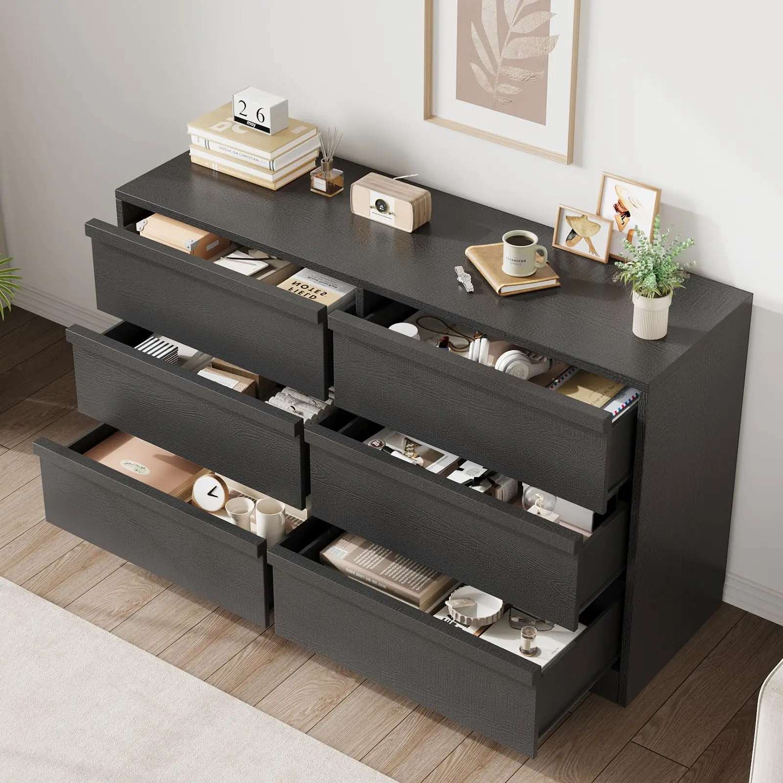 6 Drawer Dresser for Bedroom Wooden Chest of Drawers with Large Storage 47" Freestanding Horizontal Double Dresser Cabinet for Nursery/Entryway/Living Room - Antique White/Natural Oak image 5